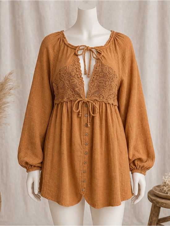 Free People Tops - Free People Boho Lace Babydoll Tunic Top Rust Orange Size M